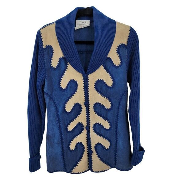 Vintage 70's Cardigan Leather Whimsical Western Crochet Patchwork Knit Blue M - Picture 1 of 14